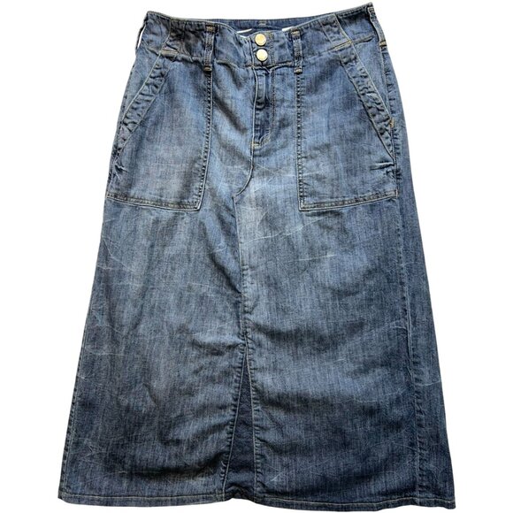 Seven 7 Women's Midi Jean Skirt Stretch Denim 29Waist Blue Pockets Mid Wash - Picture 1 of 10